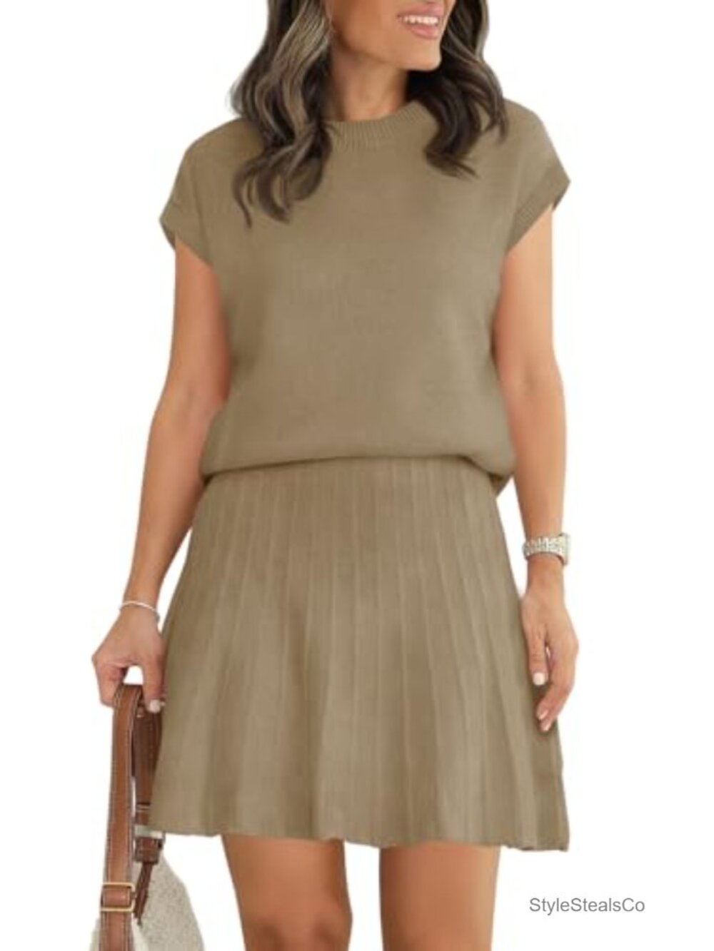 Knit 2 Piece Skirt Set Cap Sleeve Top Pleated Mini Skirt Lounge Matching Outfit